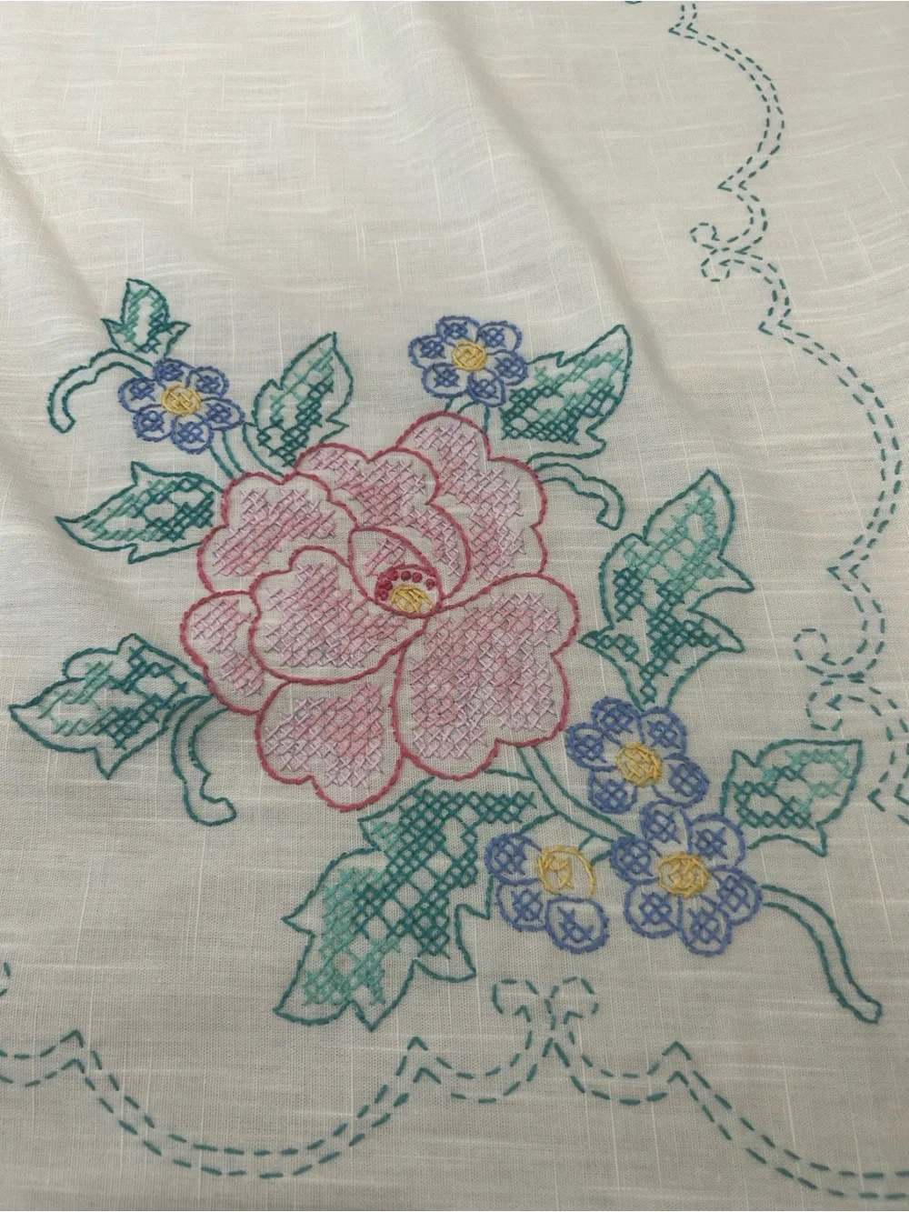 Vintage Style Floral Embroidered Tablecloth Rectangle 78x58” Cottagecore